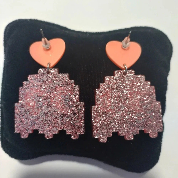 Glittery Pink Ghost Dangle Earrings (Pacman Style) - Picture 5 of 8